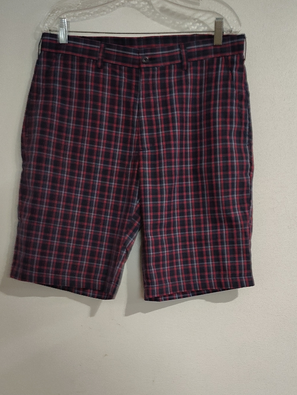 PGA Tour Red and Navy Plaid Flat-Front Shorts
